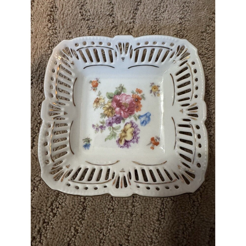 Vintage Schwarzenhammer Bavaria Square Reticulated Dish Candy Bowl Floral Gold